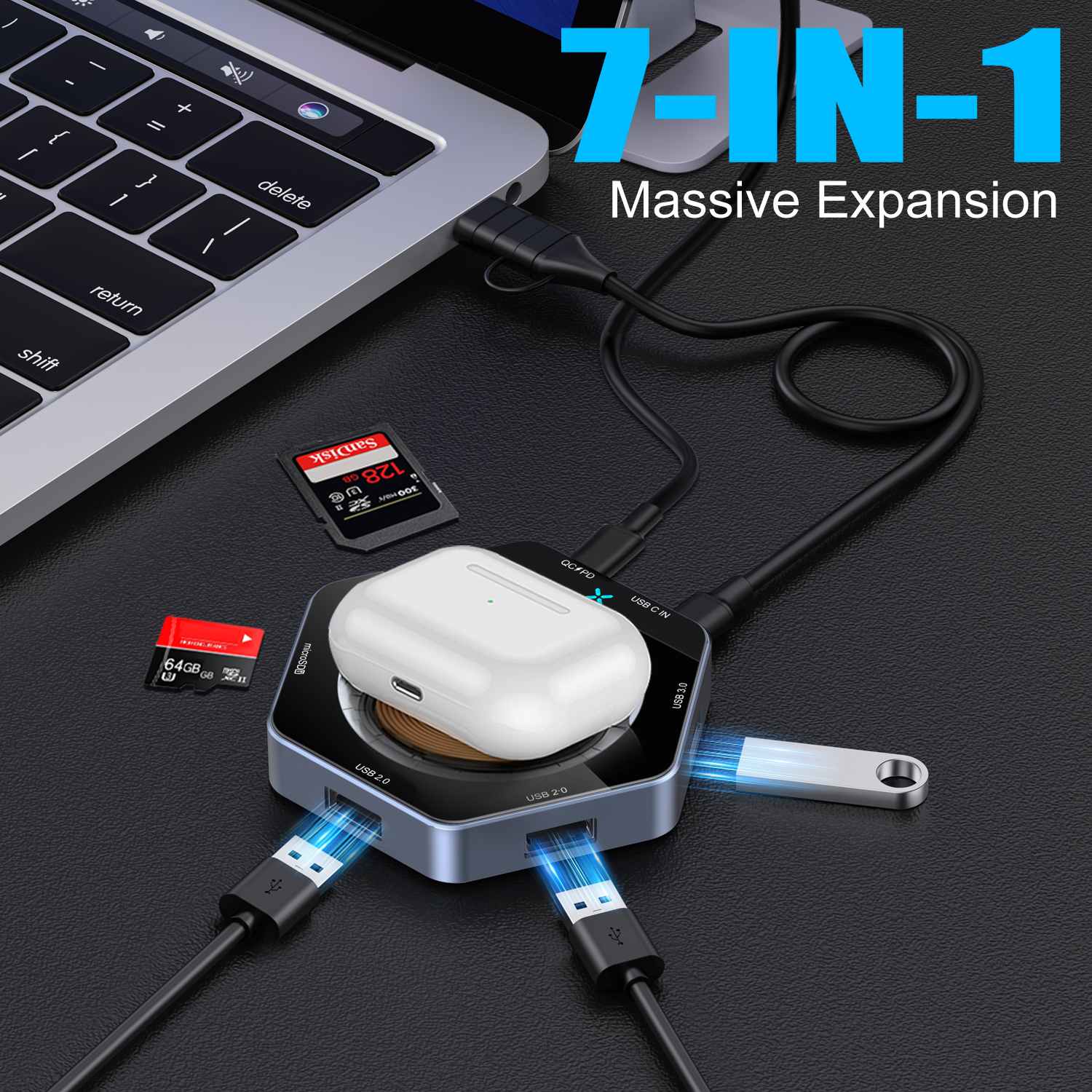 15W Бързо зареждане 7 in1 USB Hub Dock Wireless зарядно устройство
